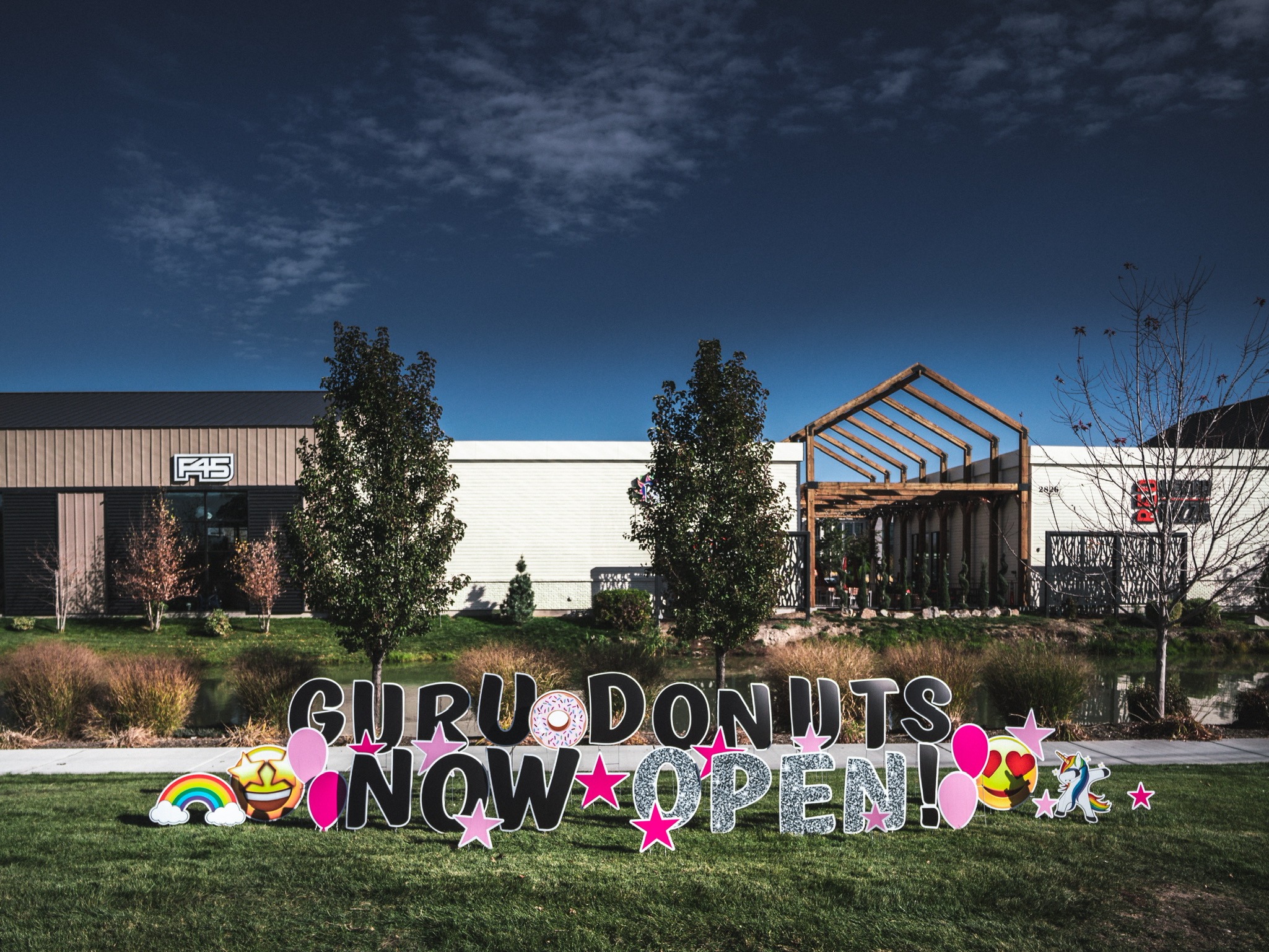 Guru Donuts grand opening yard card display by Hooray Yard Cards Boise